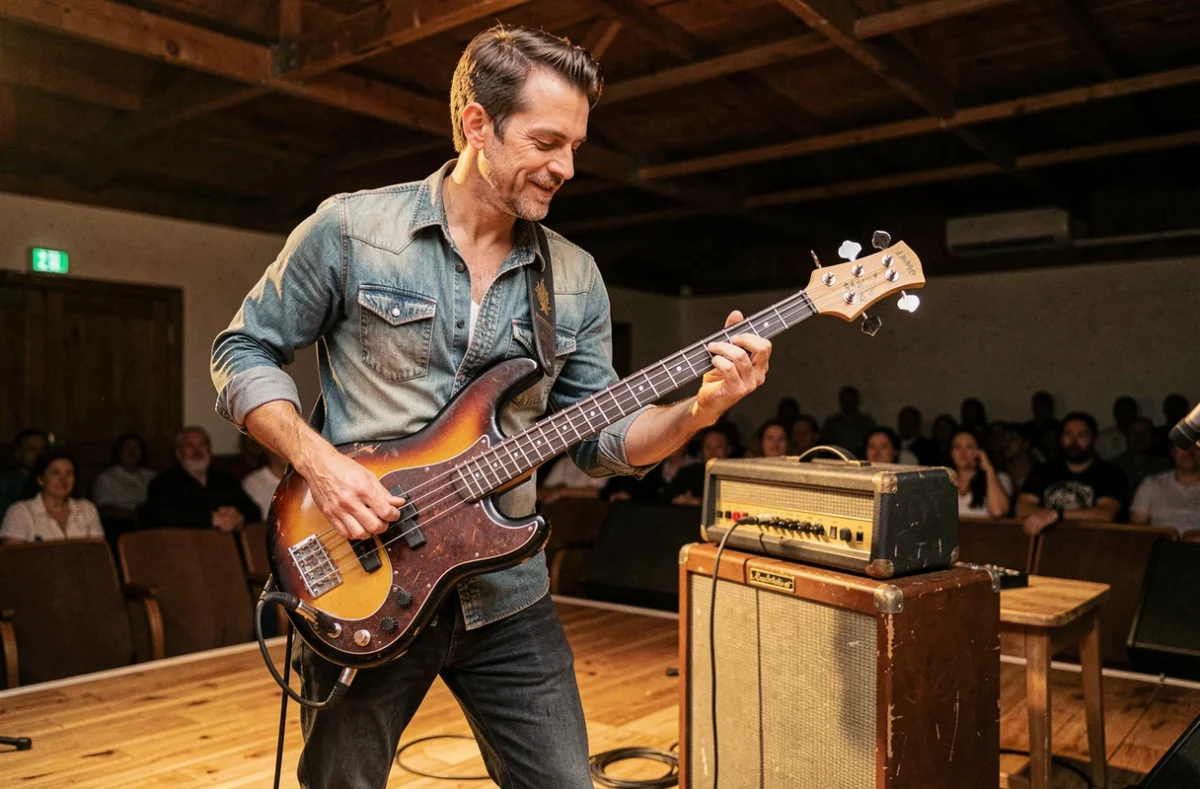 Musicien jouant de la basse électrique vintage sur scène avec un ampli à lampes en arrière-plan