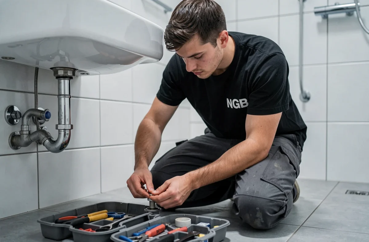 Jeune plombier NGB remplaçant un siphon sous un lavabo dans un appartement rénové en Maine-et-Loire