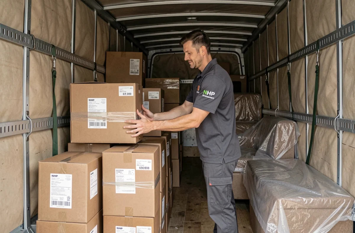 Employé de NHP Déménagement organisant des cartons dans le camion