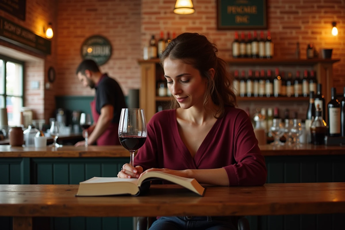 Femme seule savourant une soirée tranquille dans un bar traditionnel de Toulouse en semaine