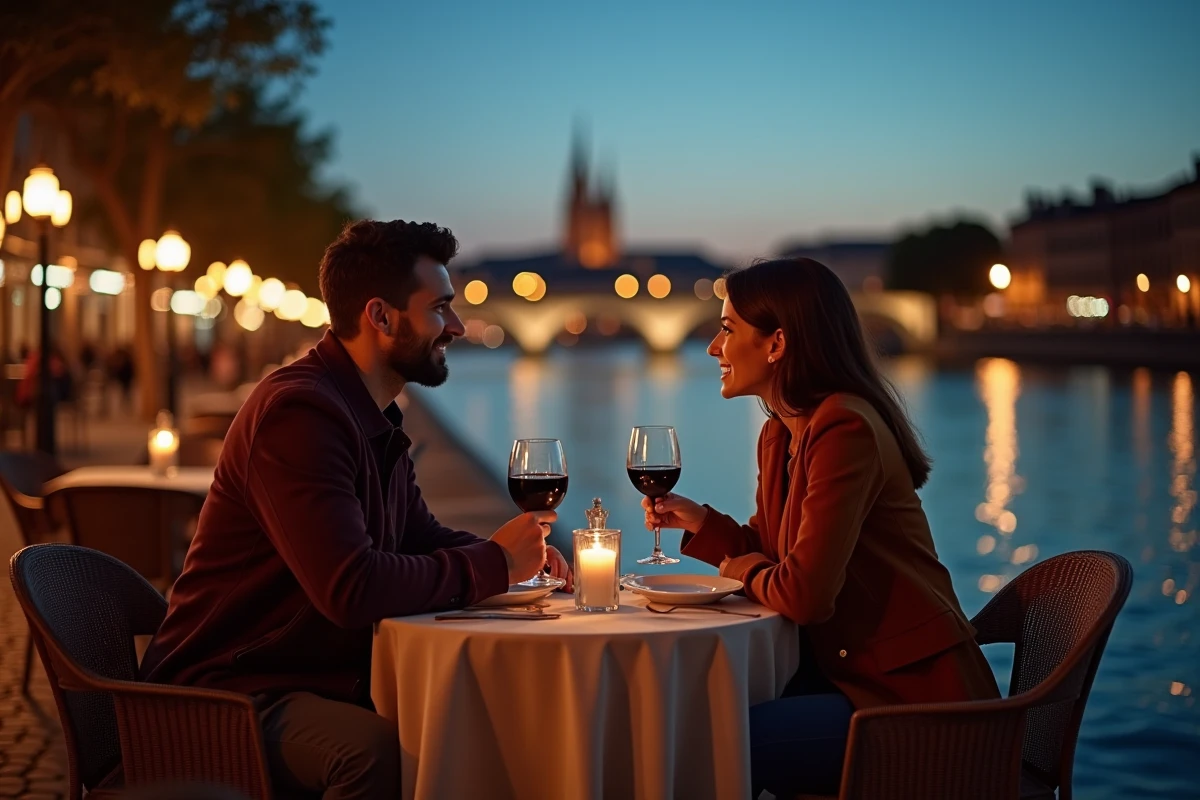 Couple profitant d'une soirée calme en semaine sur les quais de la Garonne à Toulouse