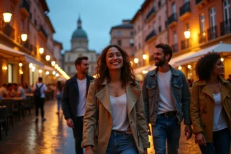 Groupe d'amis animés sur la Place du Capitole à Toulouse lors d'une soirée festive du week-end