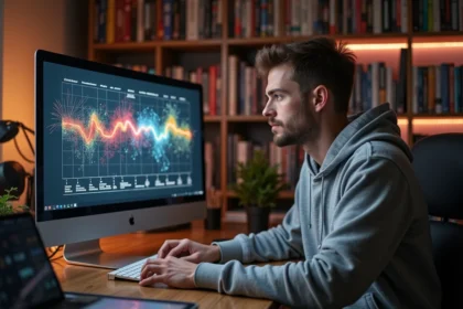 Jeune homme consultant l'ordre chronologique des films Marvel MCU sur un écran d'ordinateur entouré de comics et boîtiers Blu-ray