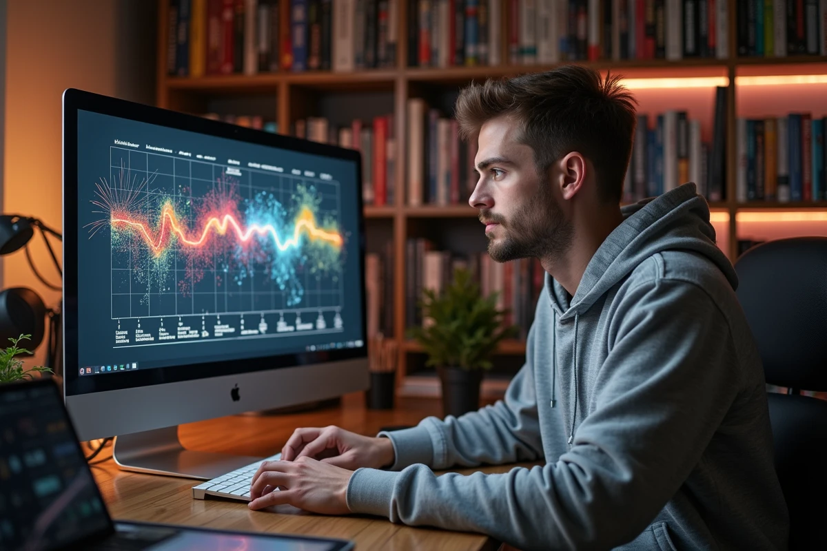 Jeune homme consultant l'ordre chronologique des films Marvel MCU sur un écran d'ordinateur entouré de comics et boîtiers Blu-ray
