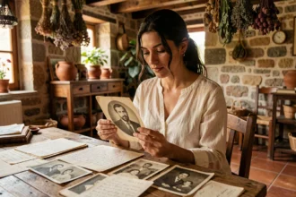 Jeune femme aux origines méditerranéennes consultant de vieilles photographies de famille et des lettres manuscrites sur une table en bois rustique