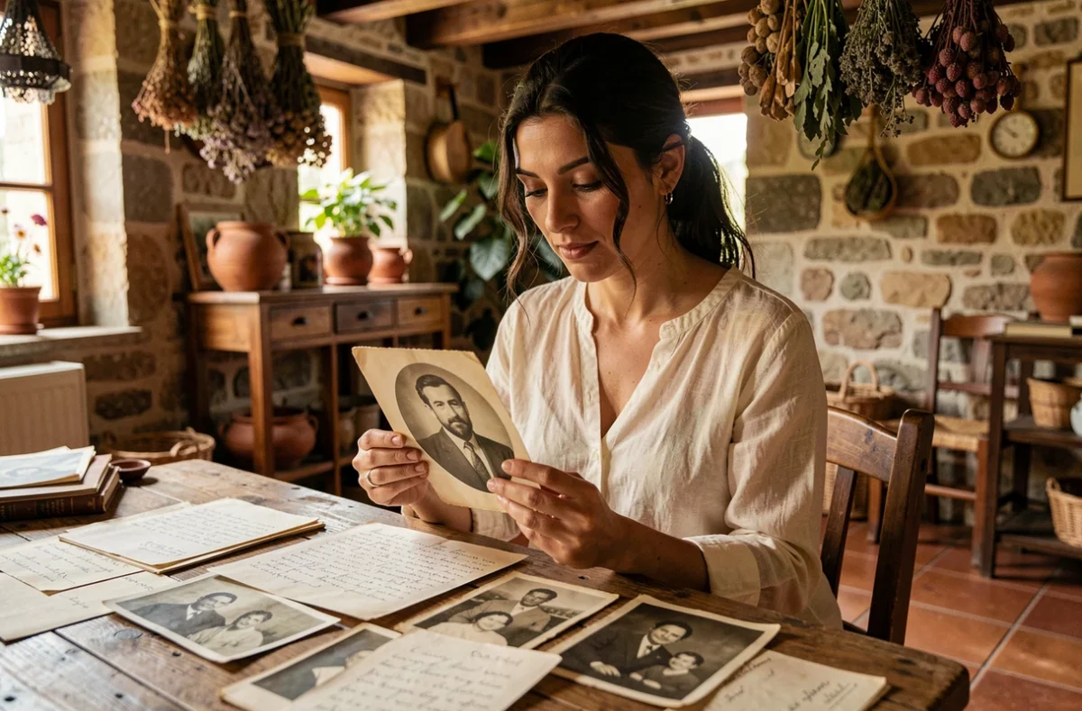 Jeune femme aux origines méditerranéennes consultant de vieilles photographies de famille et des lettres manuscrites sur une table en bois rustique