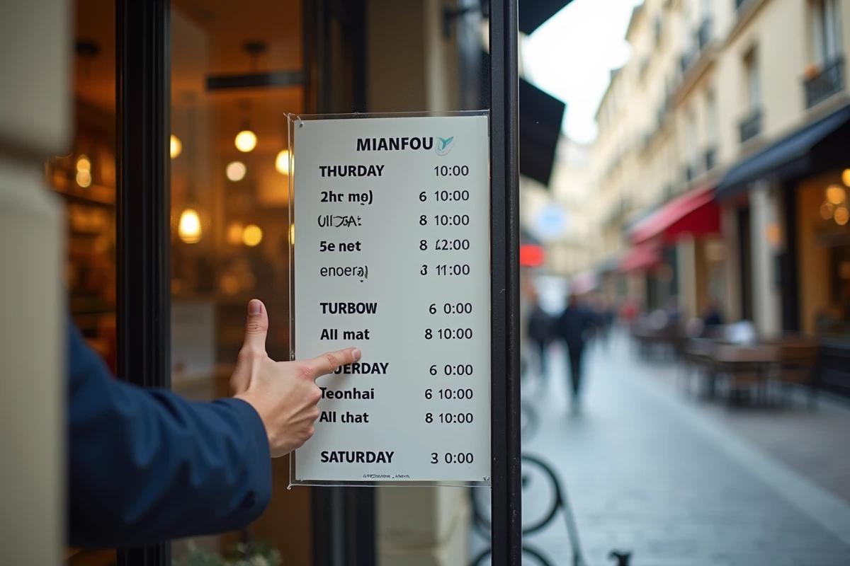 Panneau d'horaires d'ouverture hebdomadaires affiché à l'entrée d'un commerce en centre-ville français