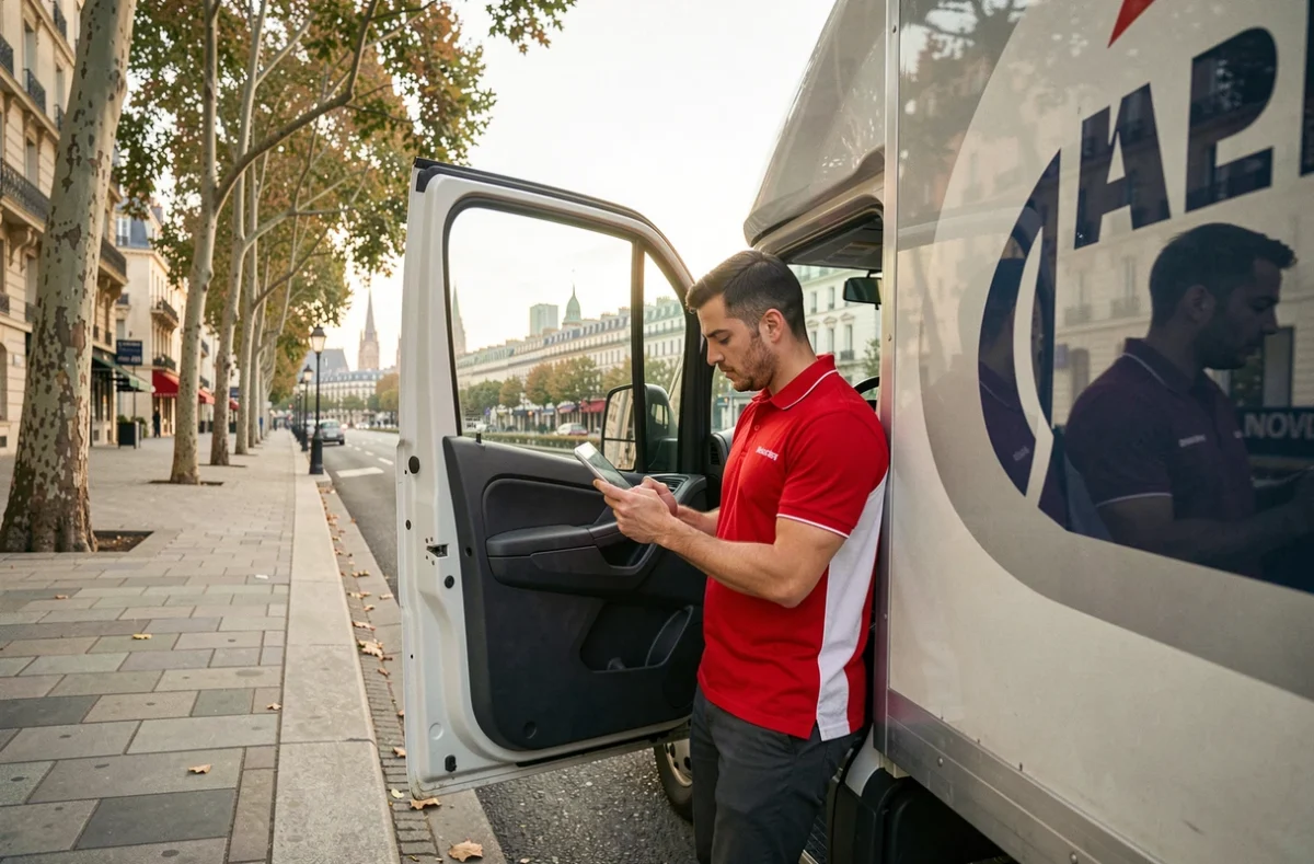 Chauffeur de Paris Déménagement Express consultant un itinéraire sur tablette devant son camion sur un boulevard parisien