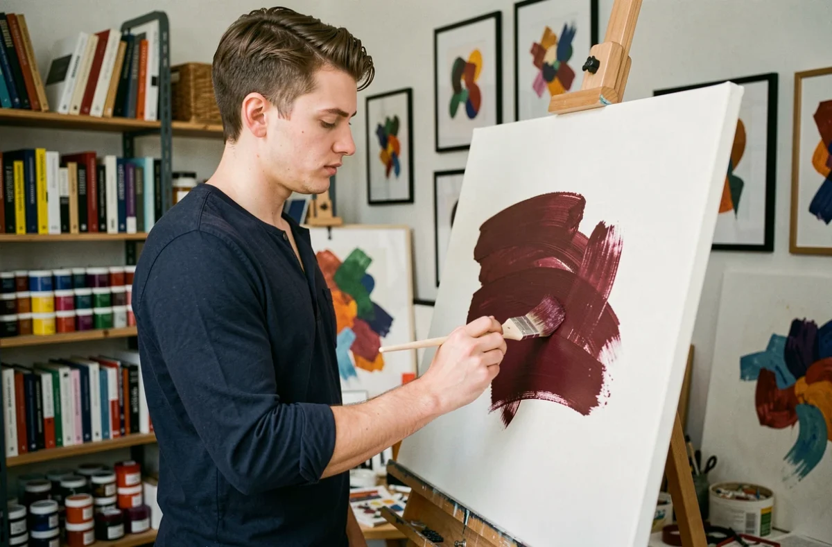 Jeune peintre appliquant une couleur bordeaux mélangée à partir de primaires sur une toile blanche en atelier