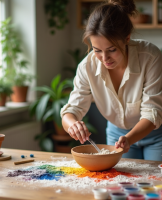 Femme mélangeant pigments naturels dans un bol en cuisine