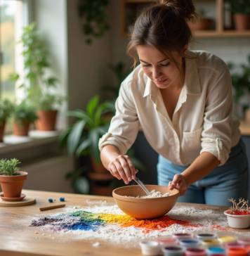 Peinture naturelle : fabriquez-la vous-même facilement à la maison Femme mélangeant pigments naturels dans un bol en cuisine
