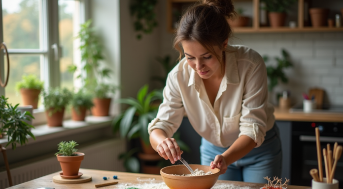 Femme mélangeant pigments naturels dans un bol en cuisine