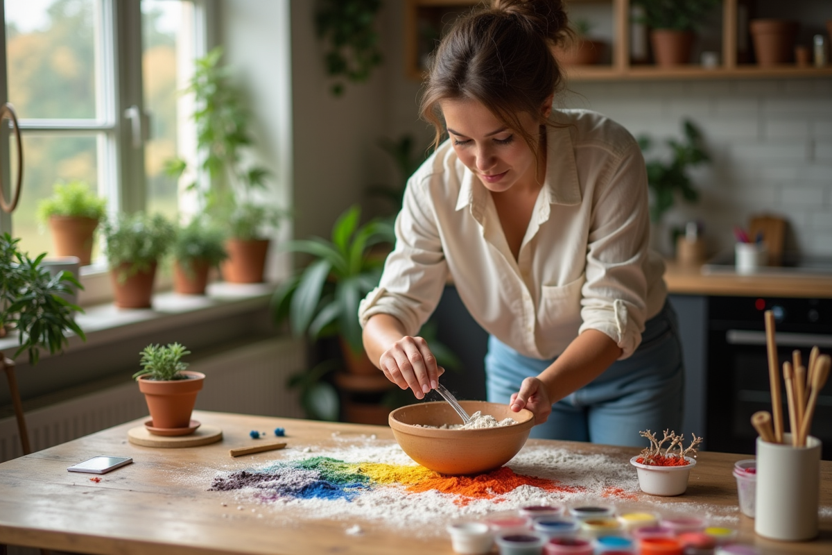 Femme mélangeant pigments naturels dans un bol en cuisine