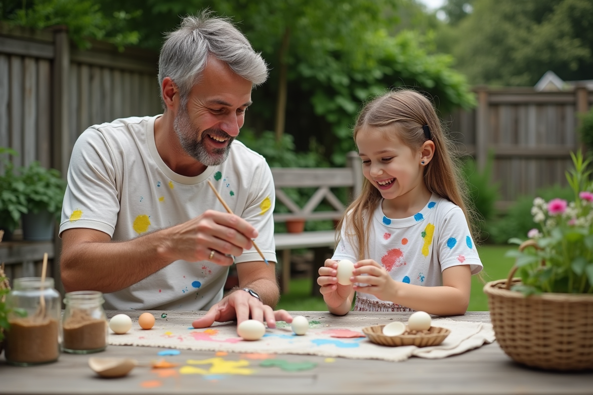 Père et fille peignant des œufs dans le jardin