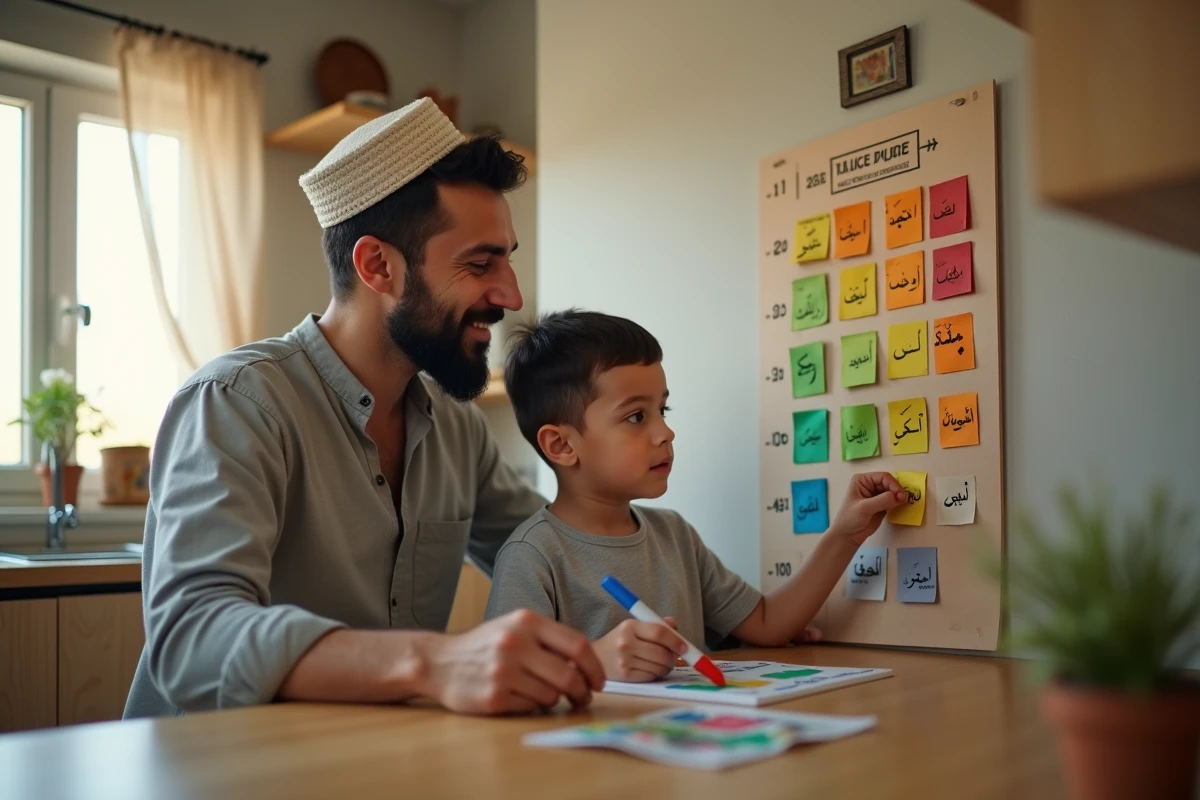Père et fils utilisant un tableau des 30 Juz du Coran pour apprendre ensemble à la maison