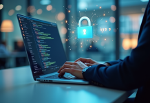 Personne tapant sur un ordinateur dans un bureau moderne avec code et chatbot