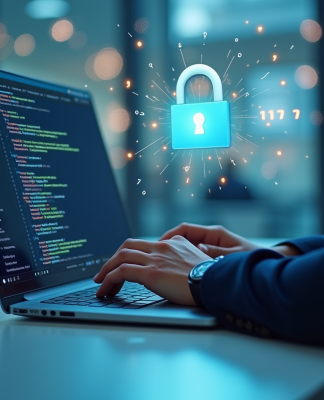 Personne tapant sur un ordinateur dans un bureau moderne avec code et chatbot