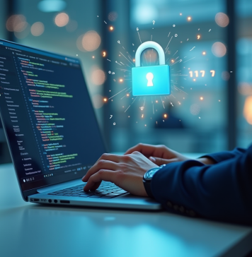 Personne tapant sur un ordinateur dans un bureau moderne avec code et chatbot