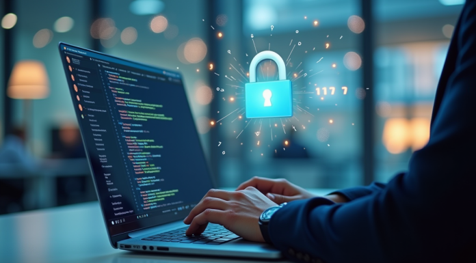 Personne tapant sur un ordinateur dans un bureau moderne avec code et chatbot
