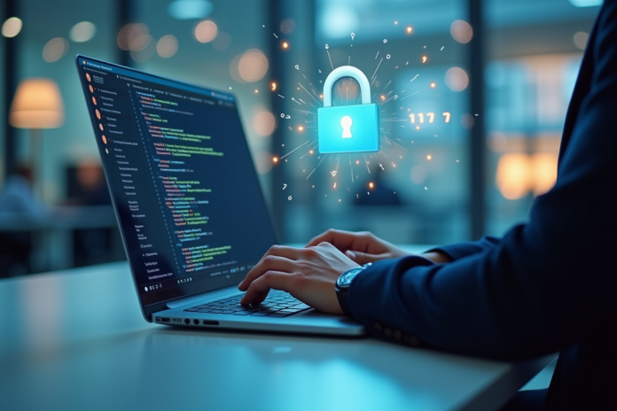 Personne tapant sur un ordinateur dans un bureau moderne avec code et chatbot