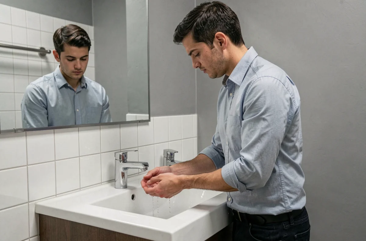 Homme effectuant la petite ablution wudu au lavabo des toilettes d'un bureau moderne de façon discrète