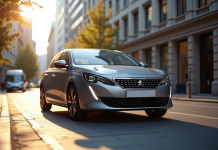 Peugeot 308 2021 en ville en journée avec reflets lumineux