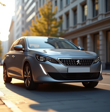 Peugeot 308 2021 en ville en journée avec reflets lumineux