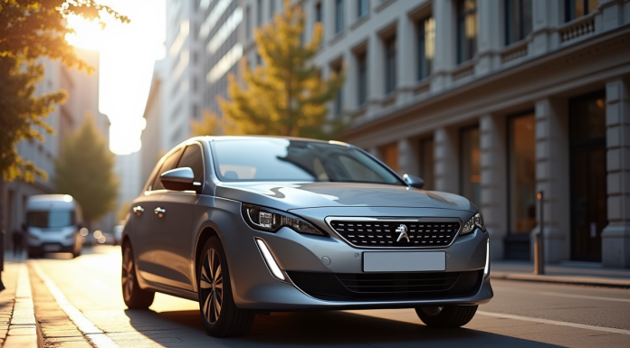 Peugeot 308 2021 en ville en journée avec reflets lumineux