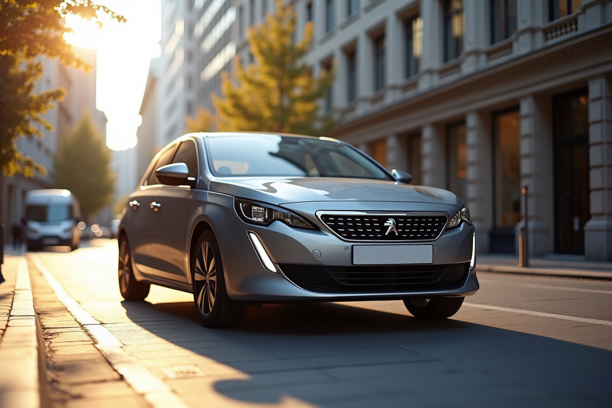 Peugeot 308 2021 en ville en journée avec reflets lumineux
