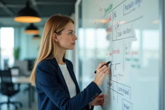 Responsable d'équipe planifiant un calendrier de rotation semaines paires et impaires sur un tableau blanc en entreprise