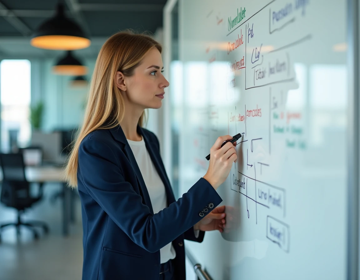 Responsable d'équipe planifiant un calendrier de rotation semaines paires et impaires sur un tableau blanc en entreprise