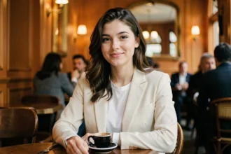 Jeune femme française élégante assise dans un café parisien, illustrant un portrait de personnalité publique