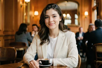 Jeune femme française élégante assise dans un café parisien, illustrant un portrait de personnalité publique