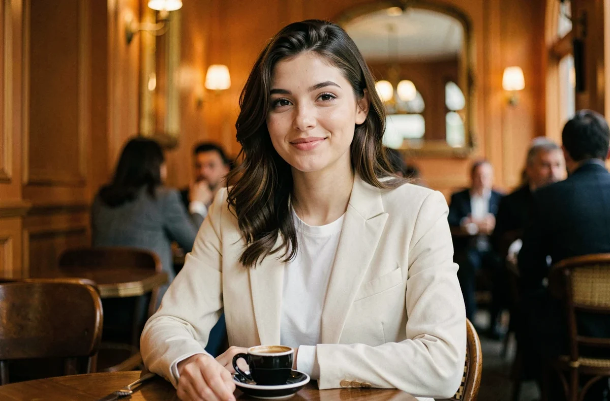 Jeune femme française élégante assise dans un café parisien, illustrant un portrait de personnalité publique
