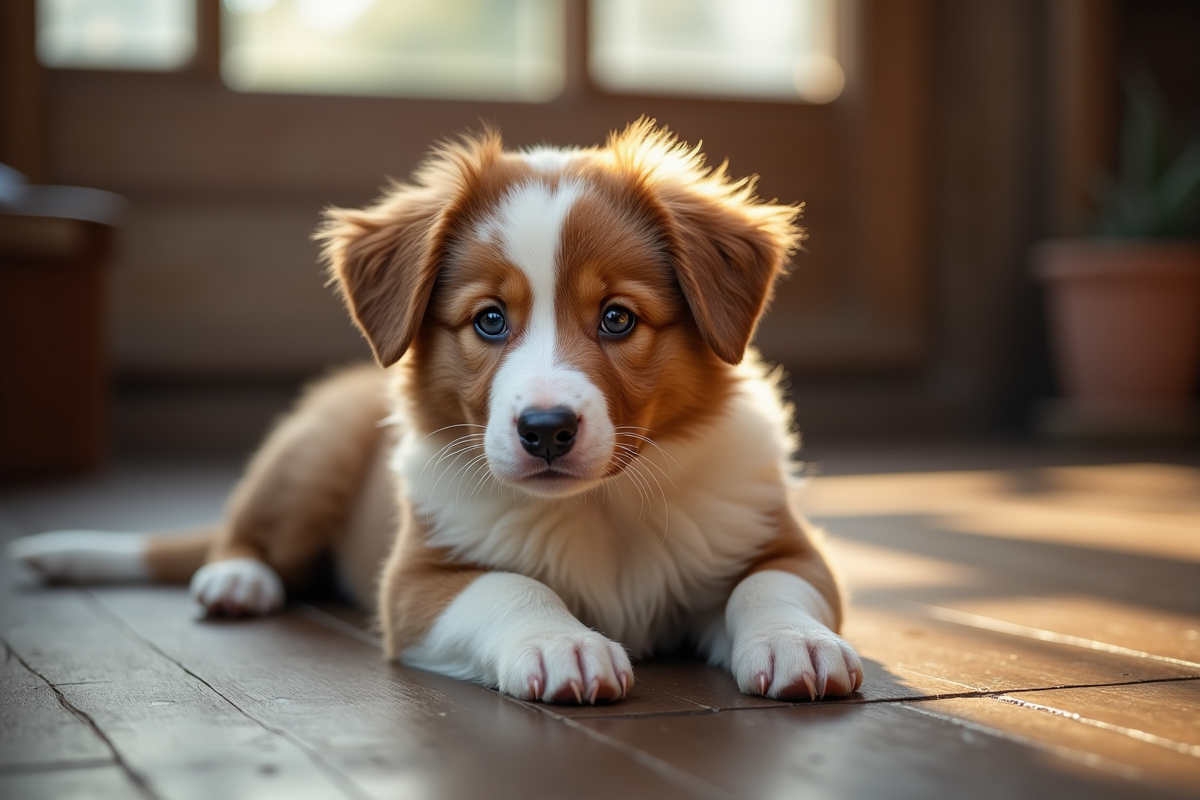 Chiot berger australien merle rouge allongé sur un sol en bois intérieur