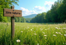 Prairie verte avec fleurs sauvages et panneau naturel