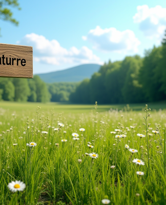 Prairie verte avec fleurs sauvages et panneau naturel
