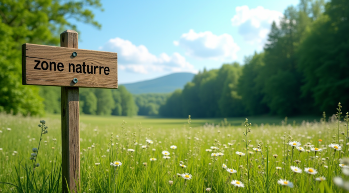 Prairie verte avec fleurs sauvages et panneau naturel