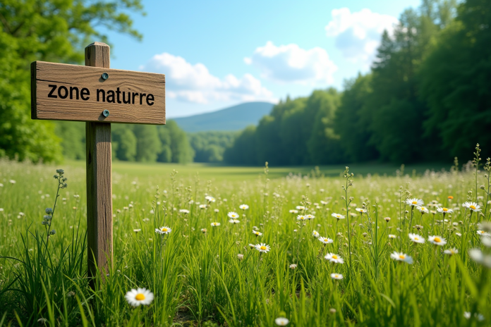 prelude-naturel-paysage Prairie verte avec fleurs sauvages et panneau naturel
