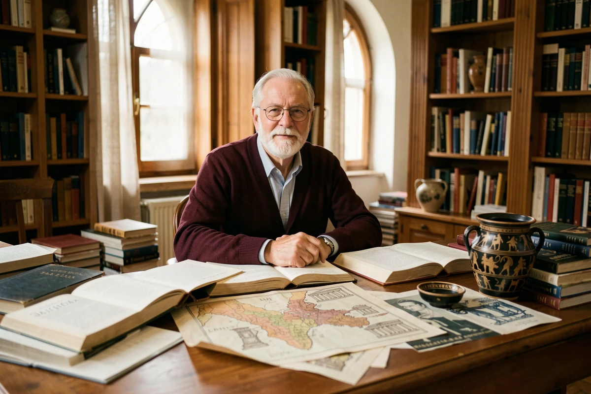 Professeur universitaire étudiant des documents sur la démocratie athénienne et la mythologie grecque dans son bureau