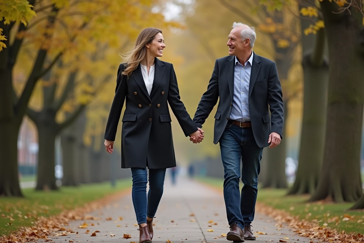 Homme et femme marchant dans un parc en automne