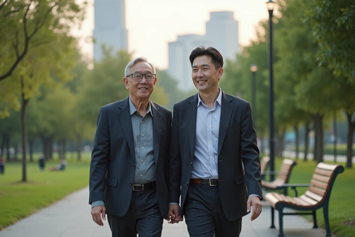 Homme et femme marchent dans un parc urbain