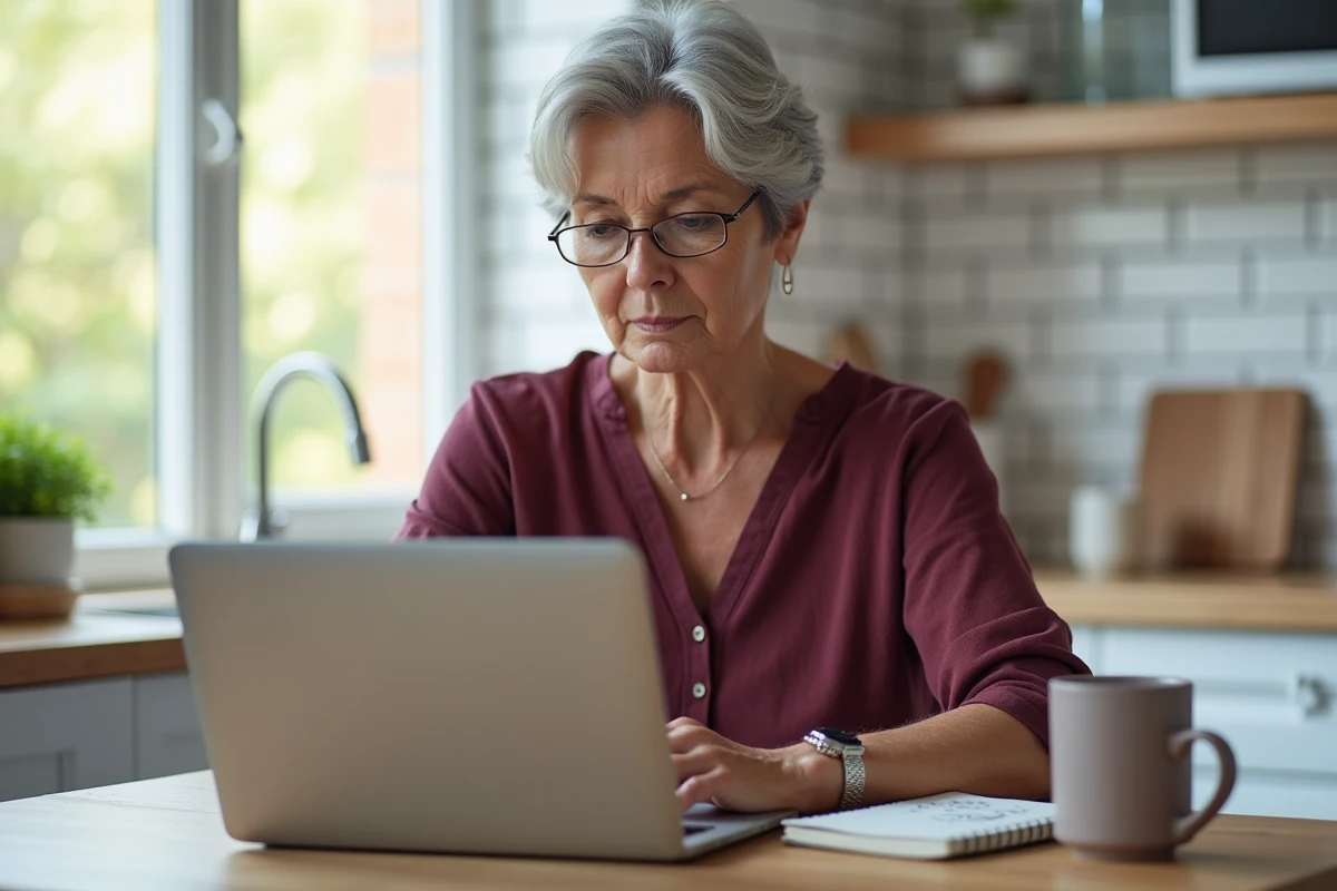 Femme consultant une page de protection des acheteurs sur un ordinateur portable, prenant des notes pour résoudre un litige en ligne