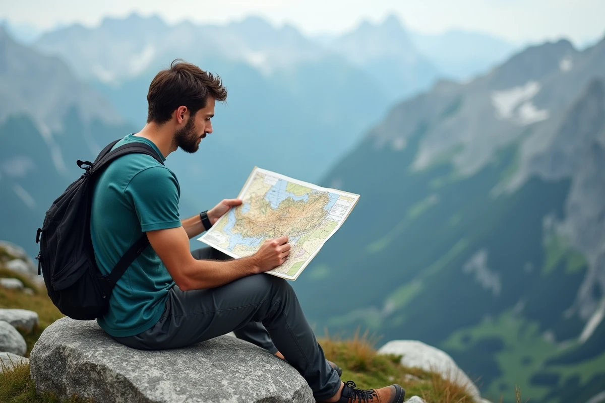 Randonneur comparant une carte topographique des montagnes françaises avec le panorama alpin en arrière-plan