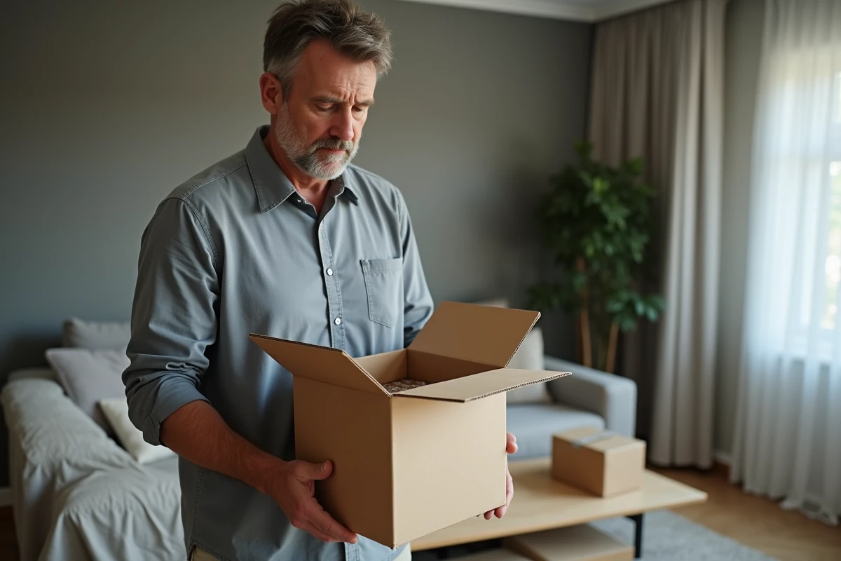 Homme ouvrant un colis reçu après un achat en ligne sur une plateforme de collection, vérifiant l'état de l'objet livré