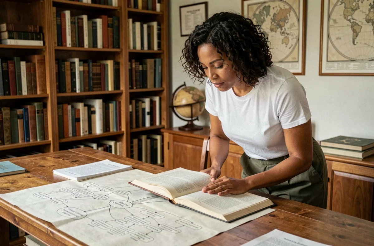 Femme étudiant un arbre généalogique et un livre de généalogie dans une bibliothèque vintage, représentant la recherche des origines familiales