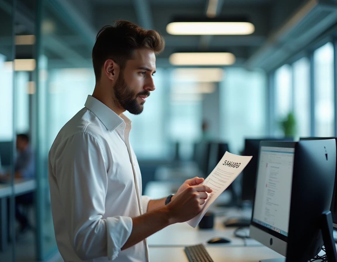 Homme dans un bureau professionnel consultant un document avec un numéro de téléphone et effectuant une recherche sur ordinateur