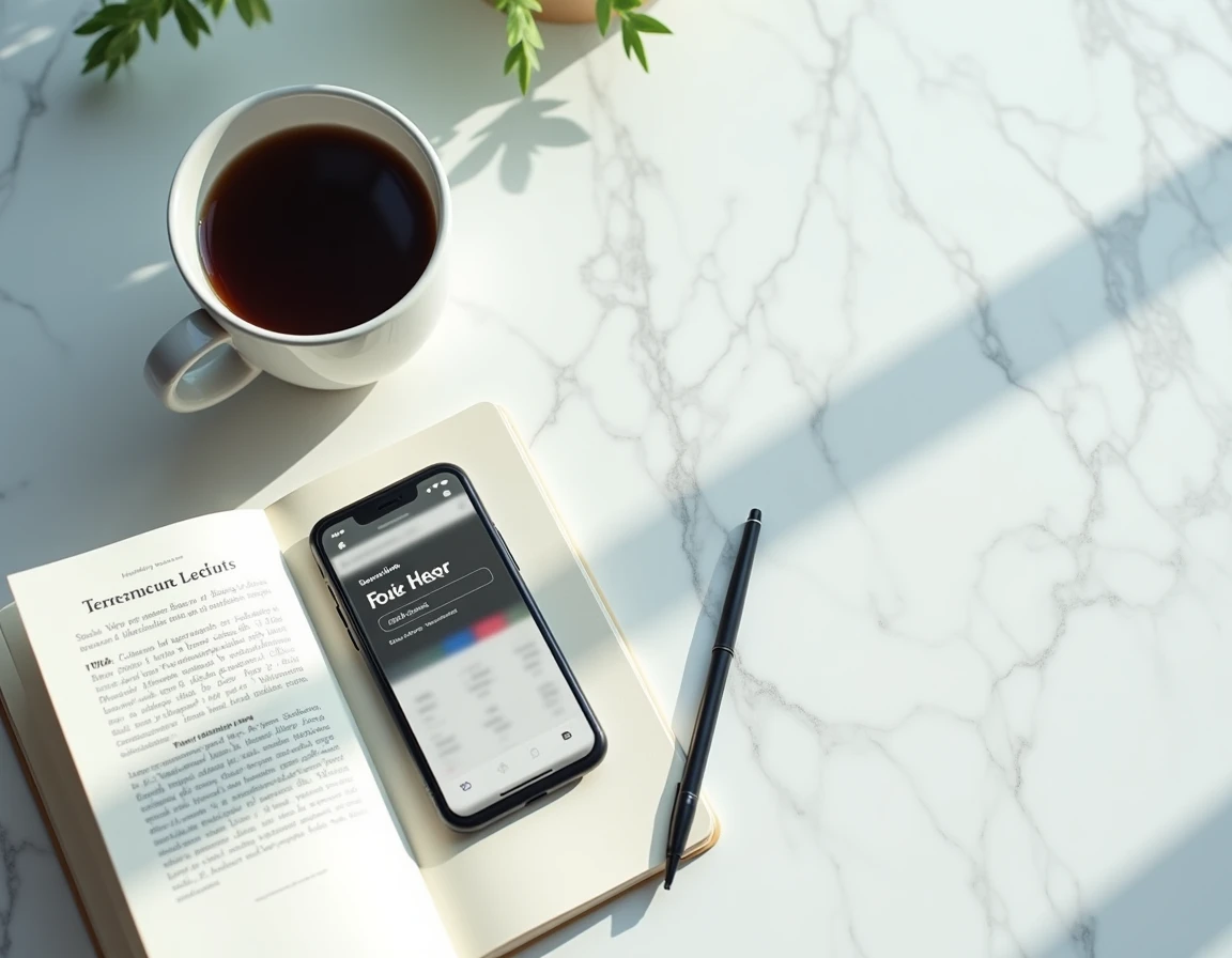 Vue aérienne d'un smartphone affichant une recherche de numéro inversée posé sur une table en marbre avec des notes manuscrites sur la protection des données