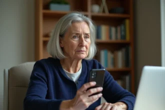 Femme inquiète consultant son smartphone pour effectuer une recherche inversée de numéro de téléphone, assise dans un bureau à domicile