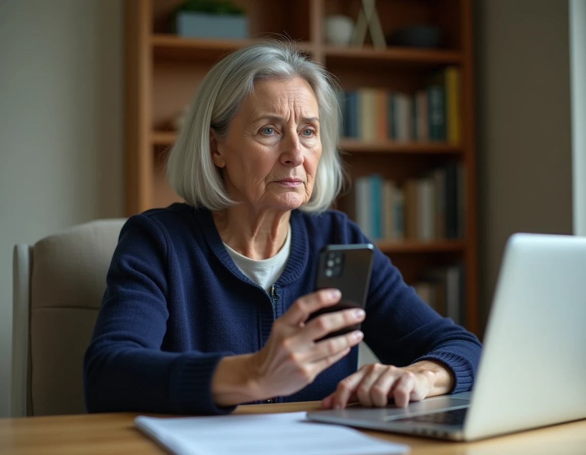 Femme inquiète consultant son smartphone pour effectuer une recherche inversée de numéro de téléphone, assise dans un bureau à domicile